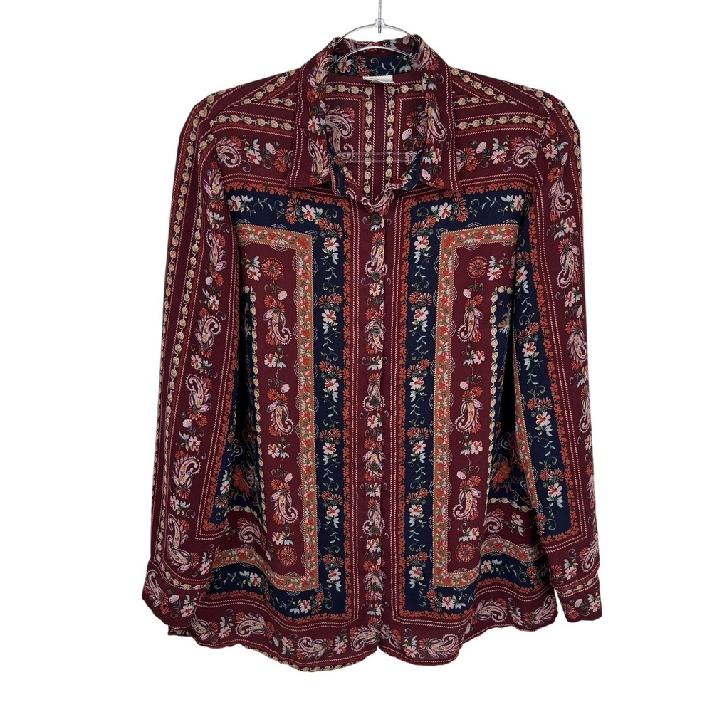 Vintage Y2K Dressbarn Sheer Button‎ Front Shirt Medium Red Country Handkerchief